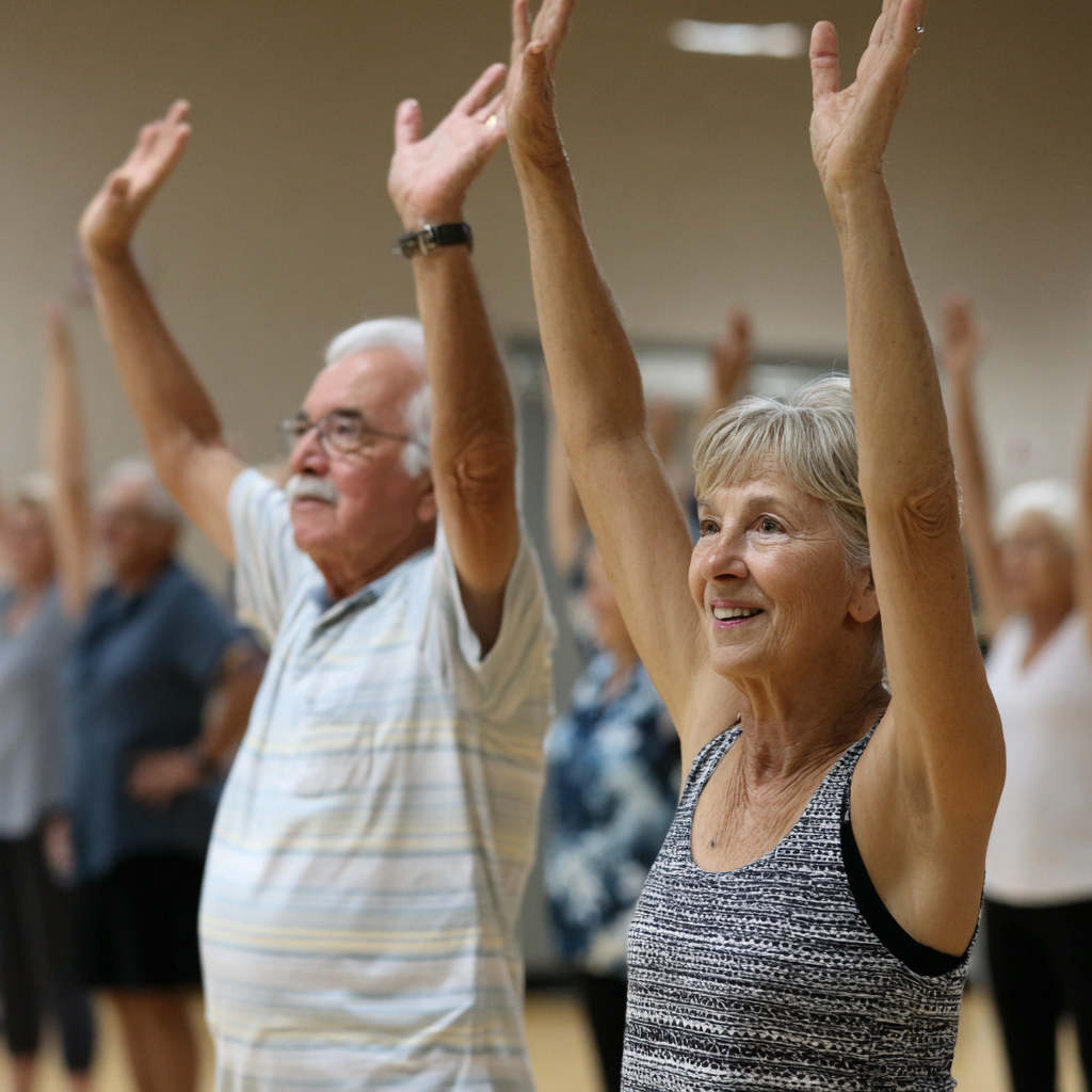 Group of senior adults participating in functional fitness class